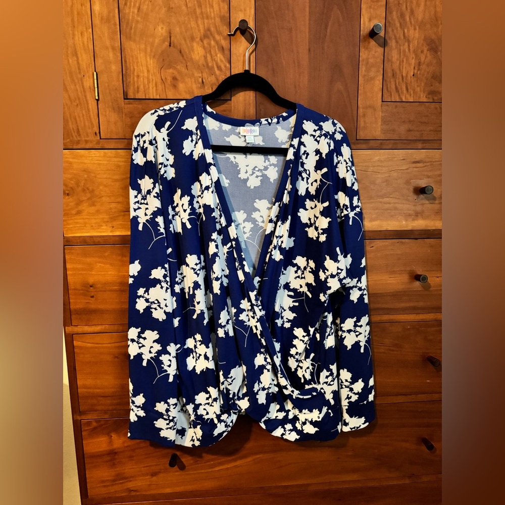 Floral Blue and White deep V blouse